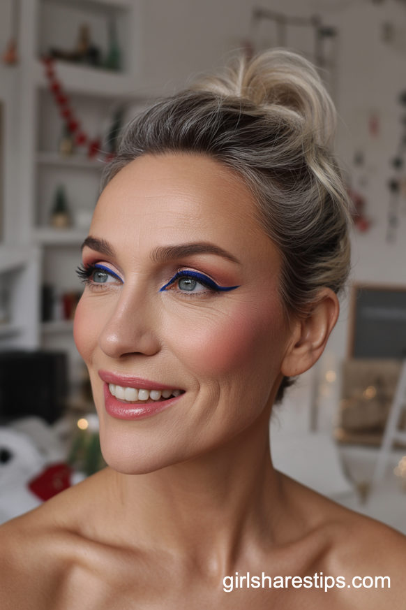 Cobalt Blue Winged Liner with Rosy Cheeks and Pink Gloss