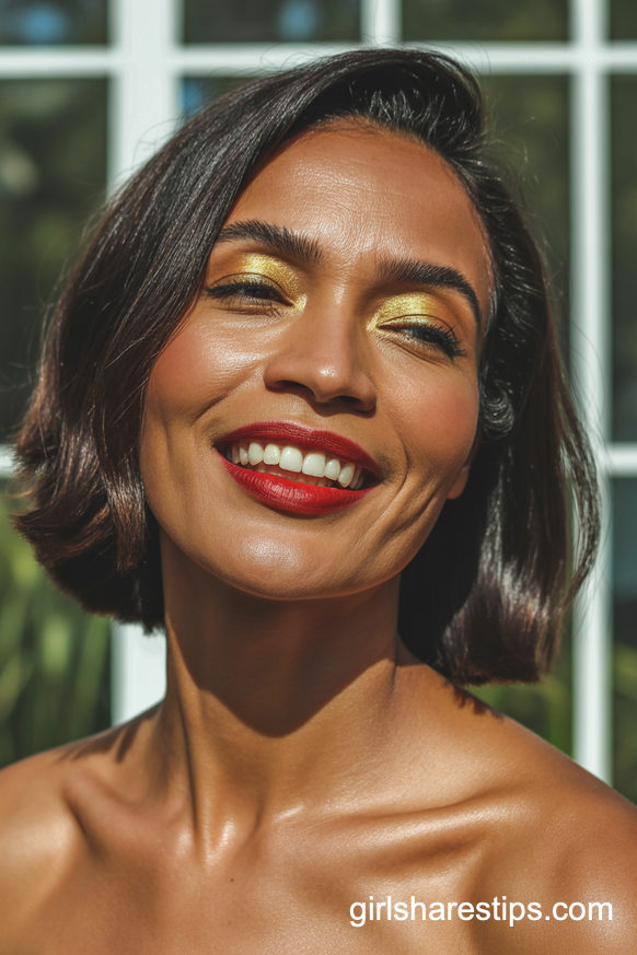 Golden Glow Complexion with Classic Red Satin Lipstick