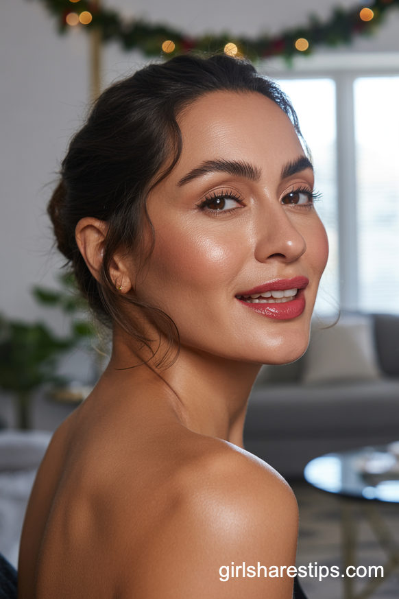 Glowy Skin and Bold Crimson Lip Gloss for Easy Holiday Glam