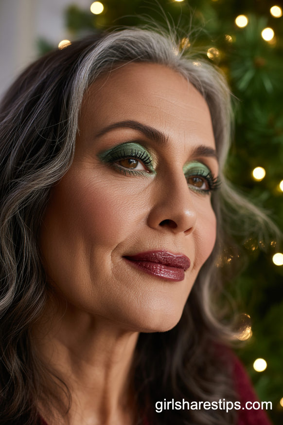 Deep Green Shimmer Eyes with Glossy Berry Lips