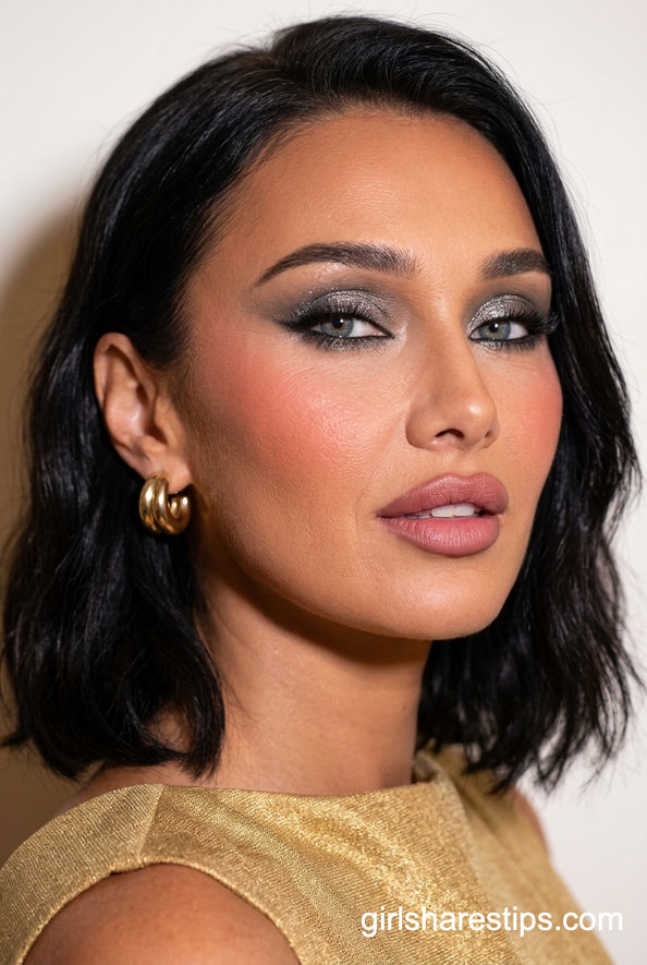 Silver-Grey Glitter Smokey Eye with Mauve Pink Lips