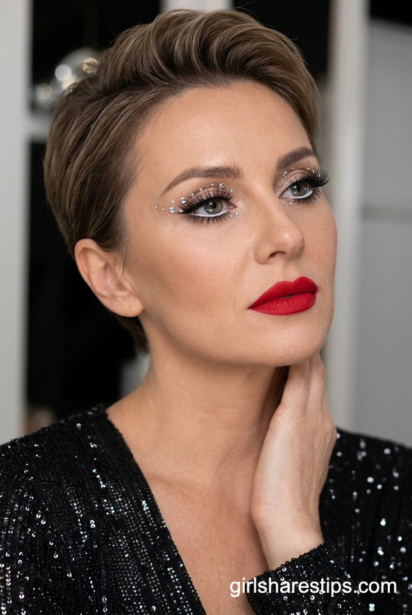 Rhinestone Accented Eyes with Bold Red Party Lip