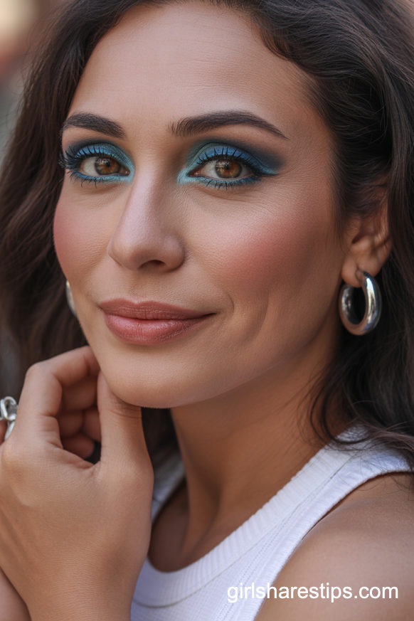 Electric Blue Shimmer Eyes with Warm Nude Lips