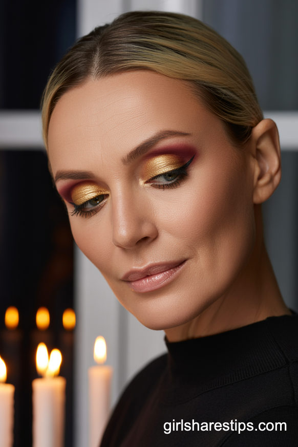 Gold and Burgundy Cut Crease with Soft Nude Lips