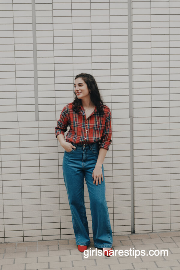 Red Black Plaid Shirt with Wide-Leg Jeans