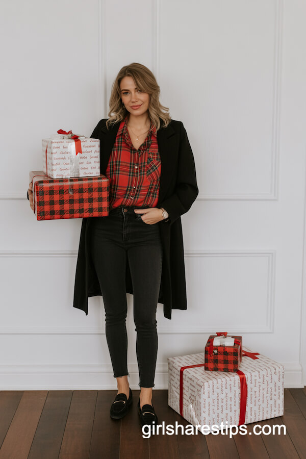 Black Coat with Plaid Shirt and Skinny Jeans