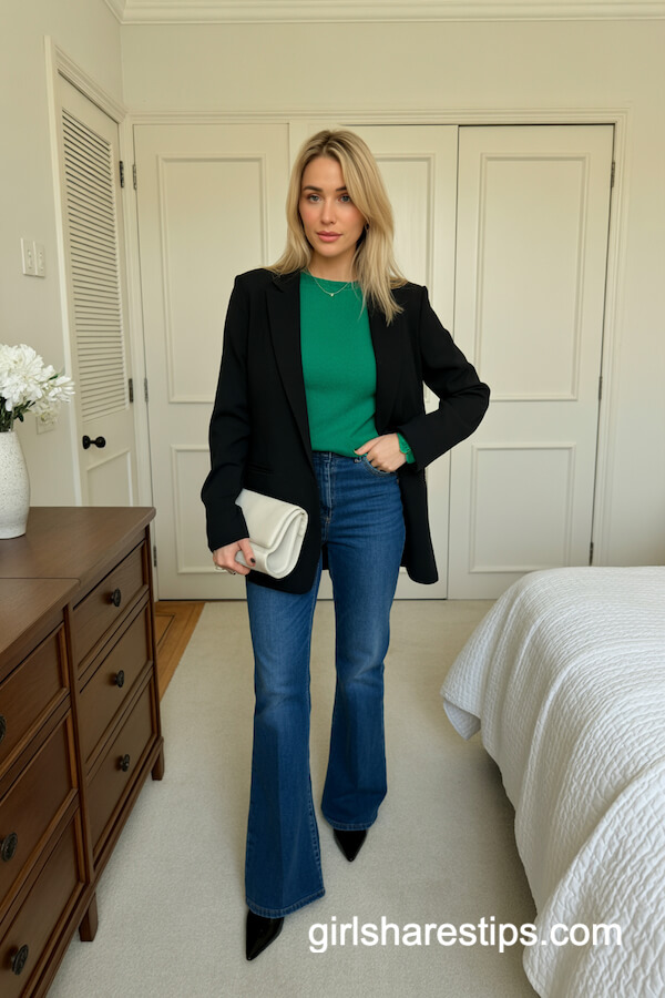 Emerald Sweater and Dark Blue Flared Jeans