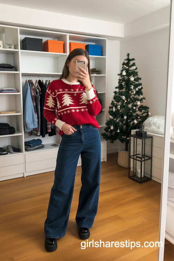 & Nordic Red Sweater & Wide-Leg Blue Jeans
