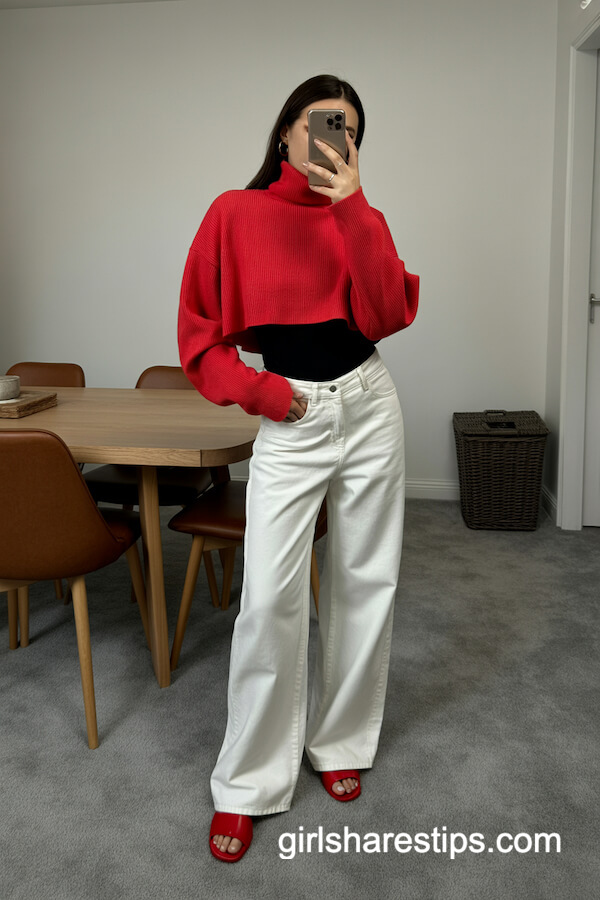 Bright Red Turtleneck and White Wide-Leg Jeans