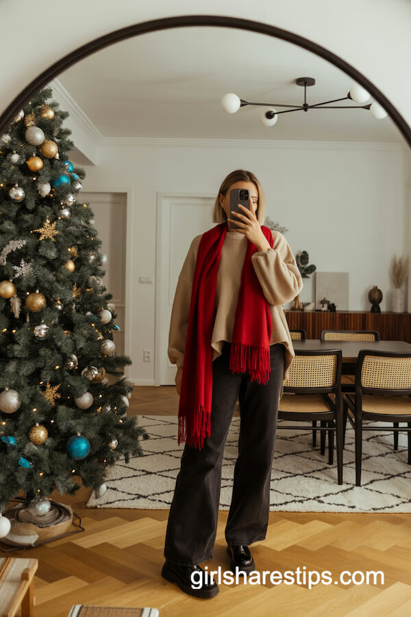 Beige Sweater with Red Scarf & Black Wide-Leg Jeans