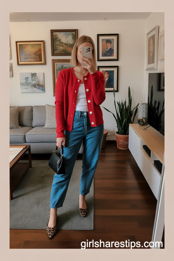 Red Cardigan with White Top & High-Waisted Jeans