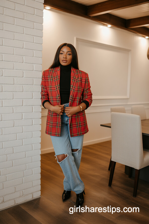 Red Plaid Blazer with Distressed Jeans