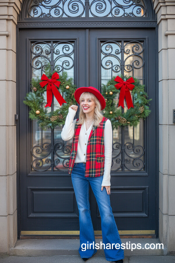 White Cardigan & Red Plaid Vest with Bell-Bottom Jeans