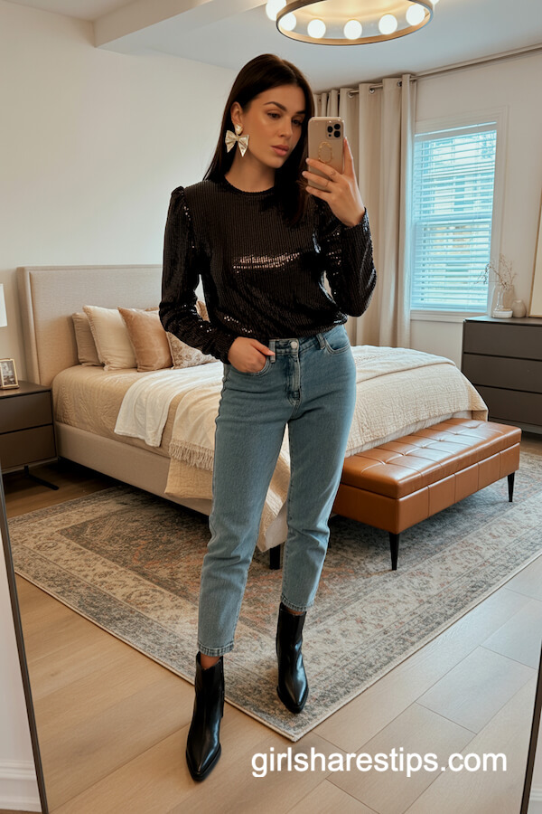 Black Sequin Crew Neck with Ankle Jeans
