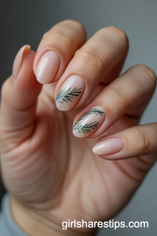 Soft Peach Oval Nails with Evergreen Branch Art