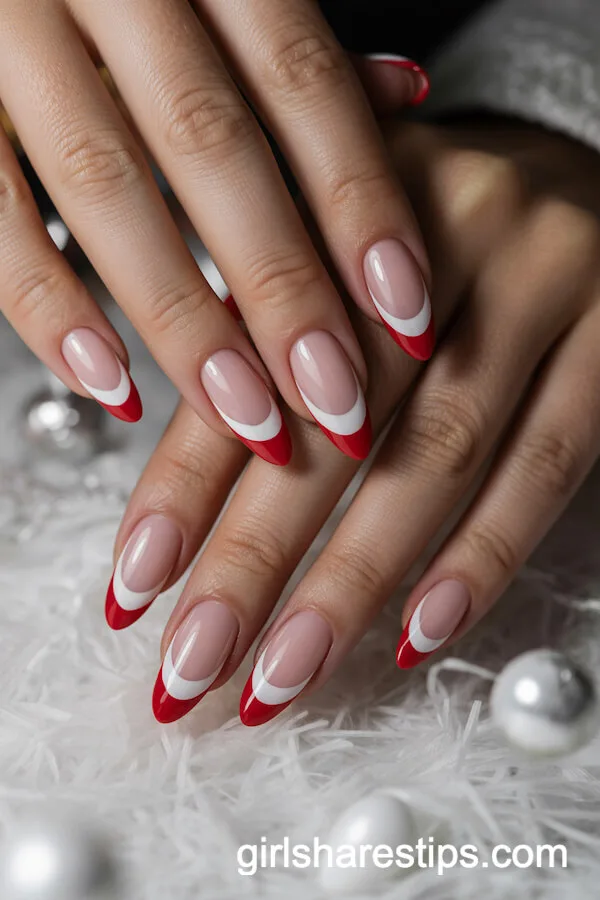 Almond Nails with Santa Hat French Tips