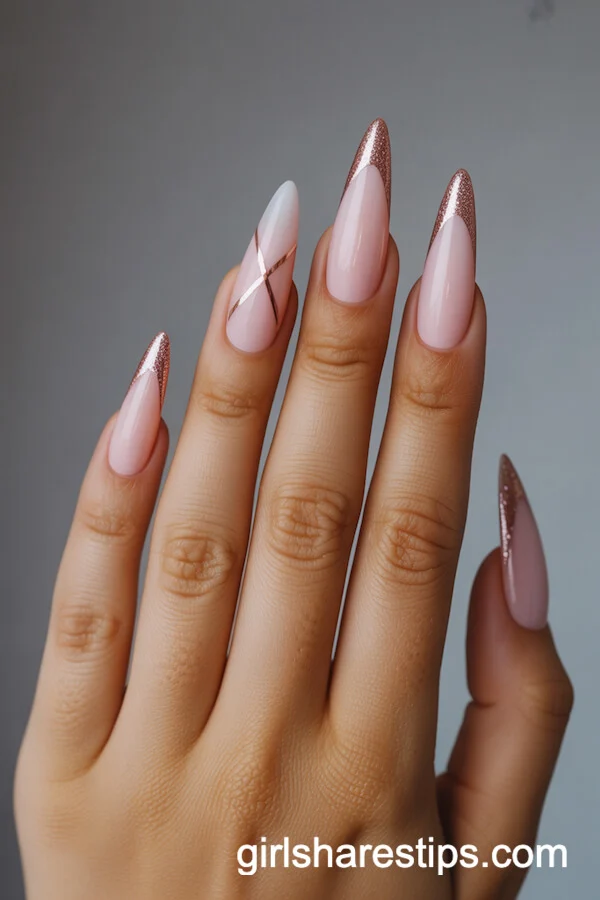 Blush Pink Stiletto Nails with Rose Gold Geometric Accents