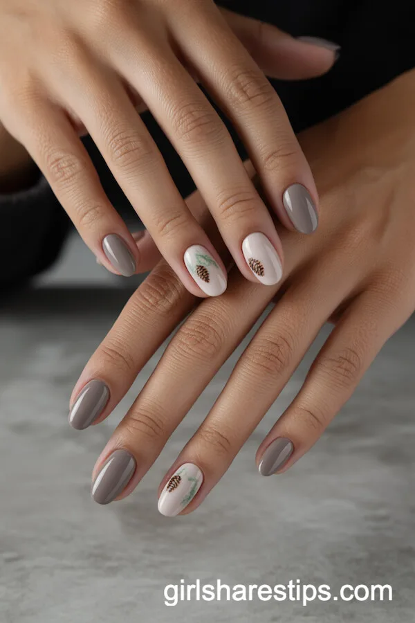 Taupe Squoval Nails with Pinecone and Greenery Art