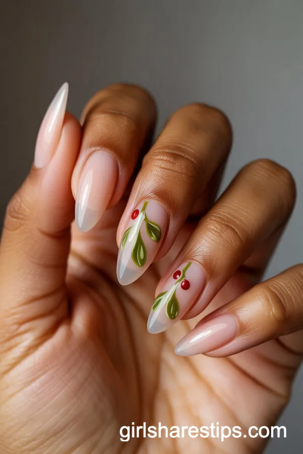 Sheer Pink Almond Nails with Mistletoe and Berry Designs