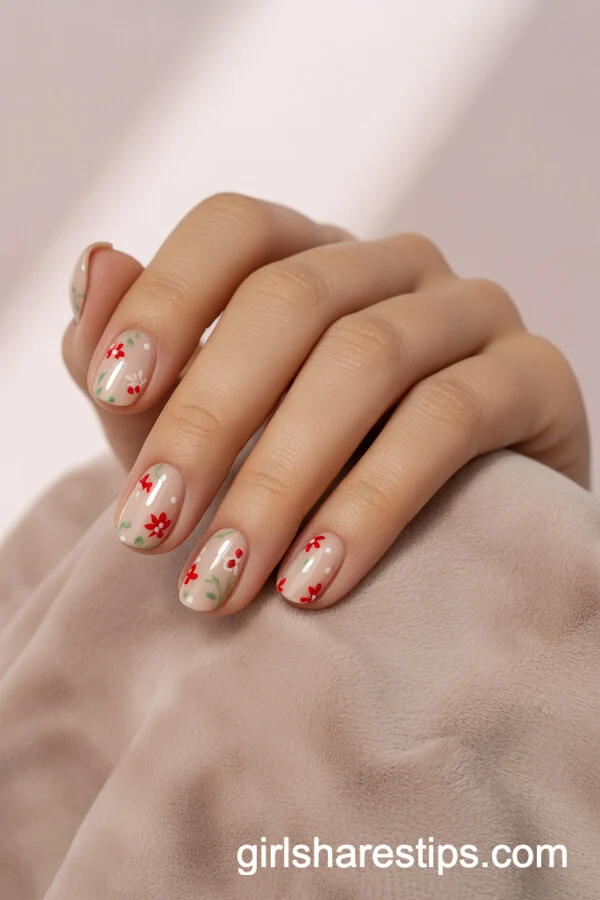 Nude Rounded Nails with Delicate Red and Green Florals