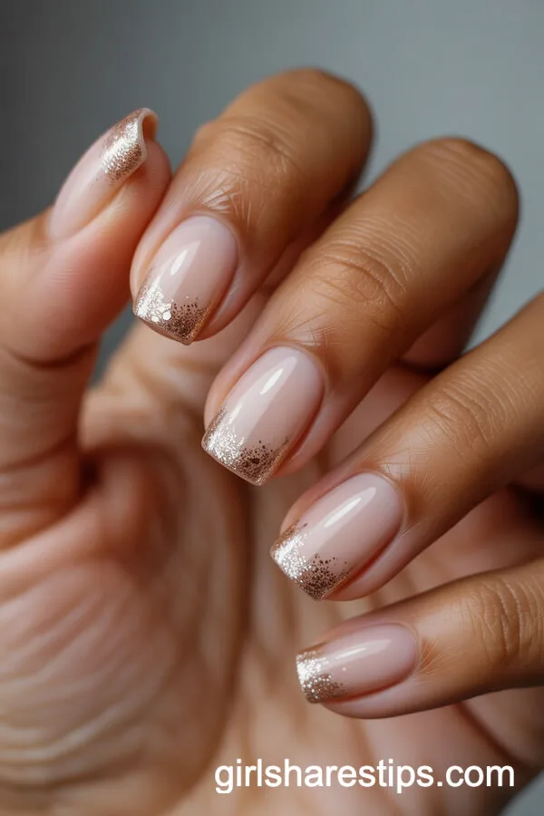 Nude Short Square Nails with Champagne Glitter Fade