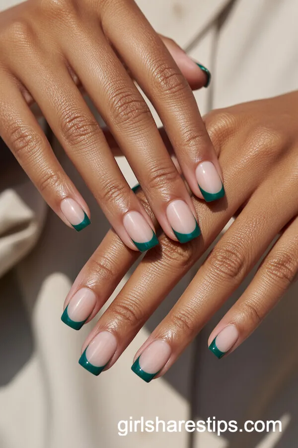 Nude Short Square Nails with Emerald Green French Tips