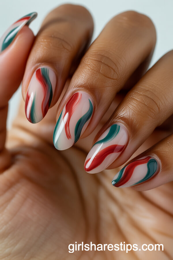 Abstract Red and Green Brushstroke Almond Nails