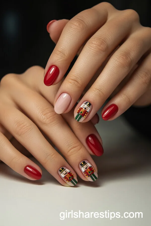 Christmas Red Oval Nails with Hand-Painted Nutcracker Accents