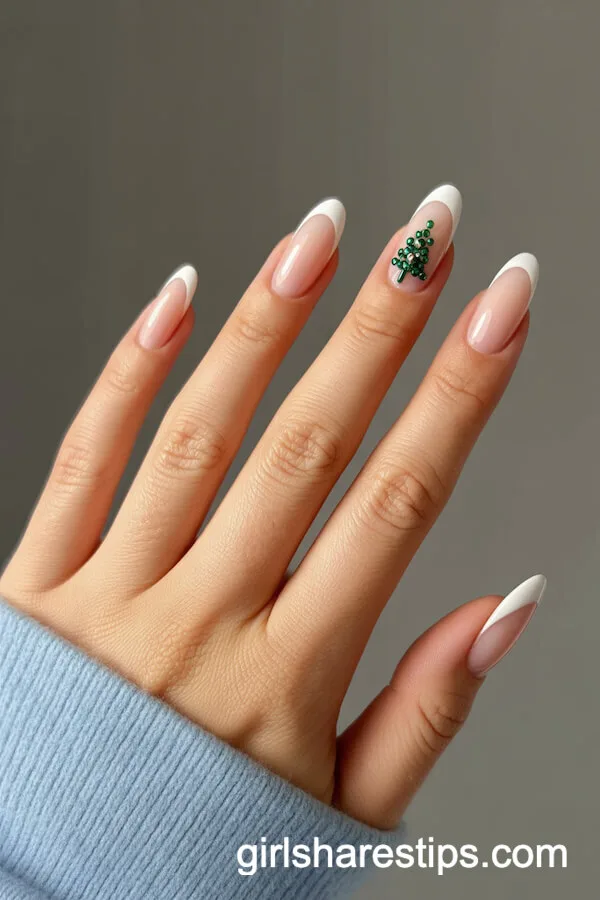 Sheer Nude Ballerina Nails with Jeweled Christmas Tree Art