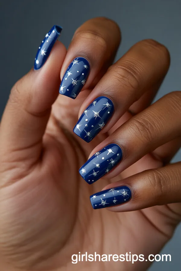 Midnight Blue Coffin Nails with Silver and White Stars