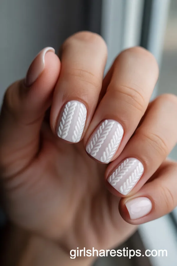 Short Squoval Nails with 3D White Sweater Textured Art