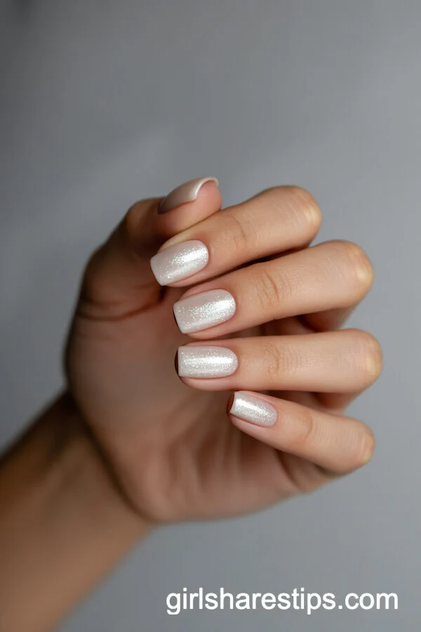 Pearly White Squared-Off Nails with Silver Glitter
