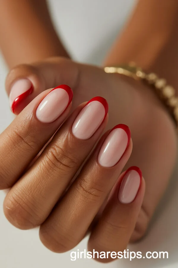 Classic Nude Oval Nails with Bold Red Tips