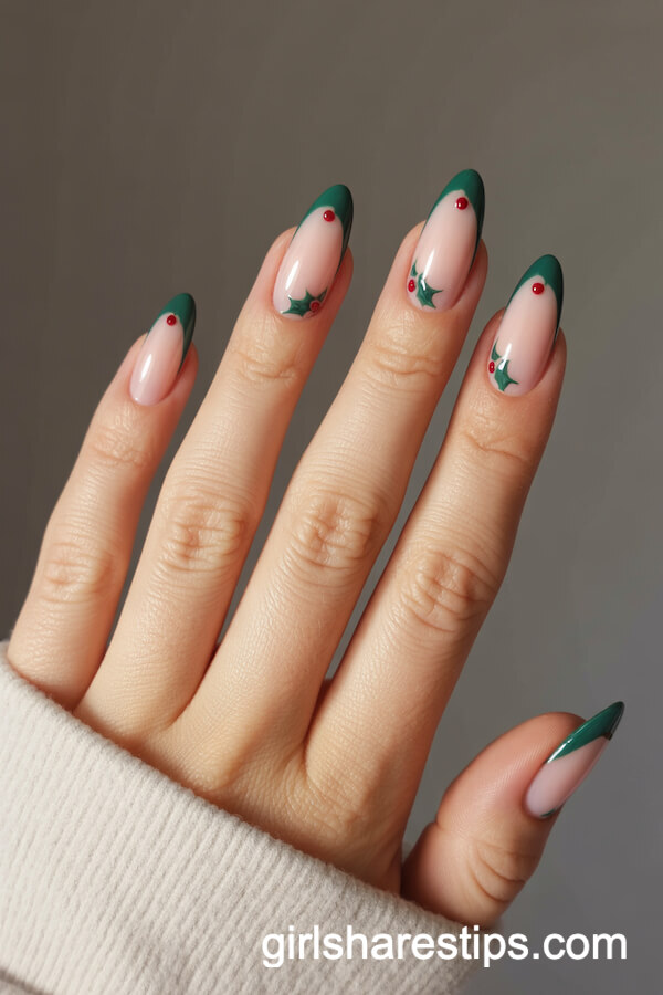 Light Pink Almond Nails with Holly Leaf and Berry French Tips