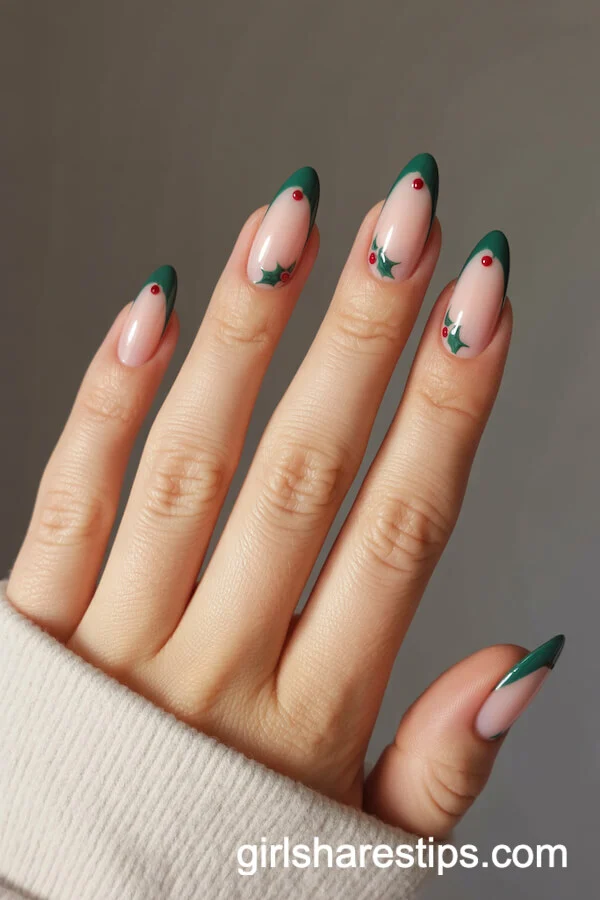 Light Pink Almond Nails with Holly Leaf and Berry French Tips