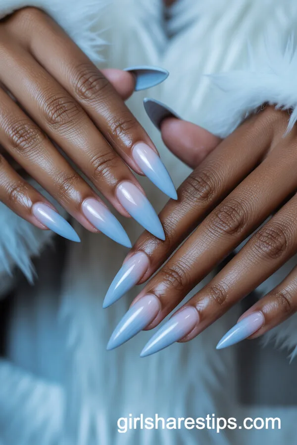 Icy Blue to White Ombre Stiletto Nails