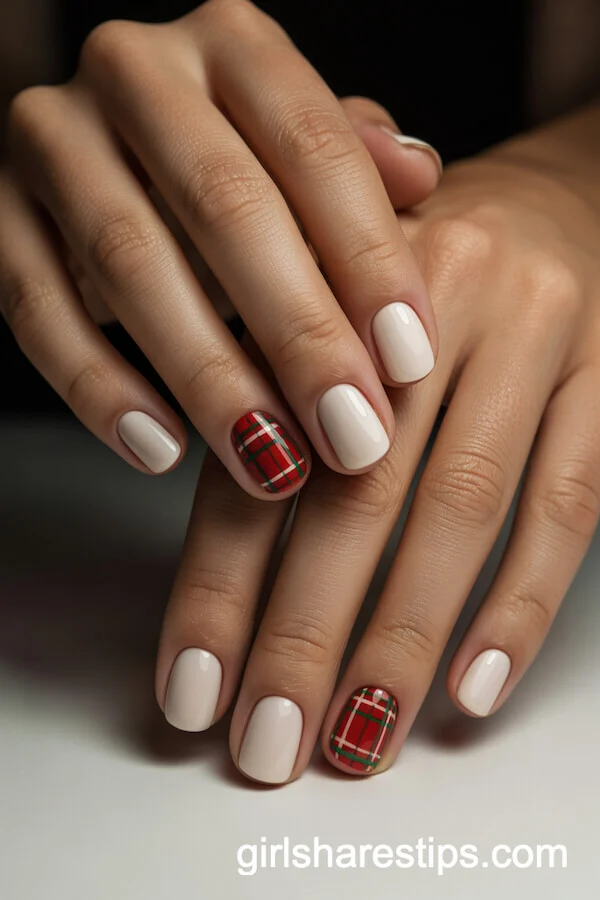 Creamy White Short Rounded Nails with Red and Green Plaid Accents