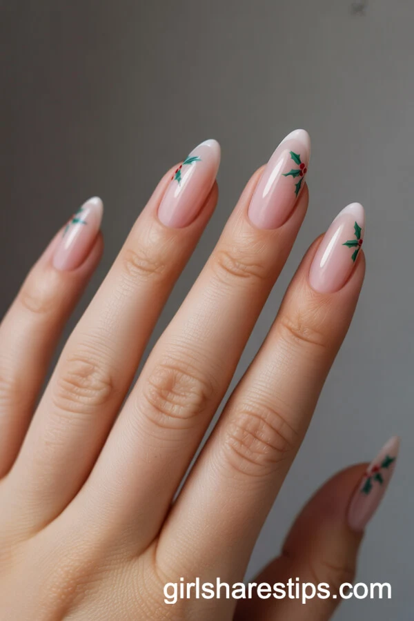 Pale Pink Almond Nails with Mini Holly Leaf and Berry Details