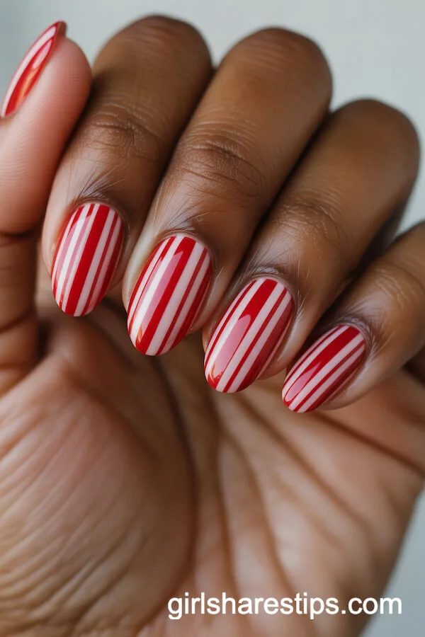 Classic Red and White Candy Cane Striped Oval Nails