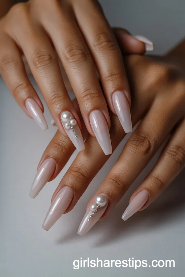 Nude Long Ballerina Nails with Pearls and Crystals