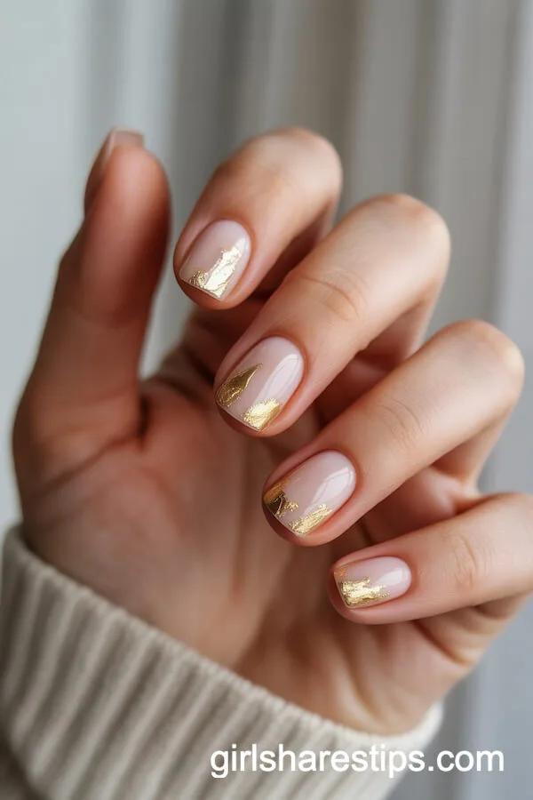 Short Square Nude Nails with Irregular Gold Foil
