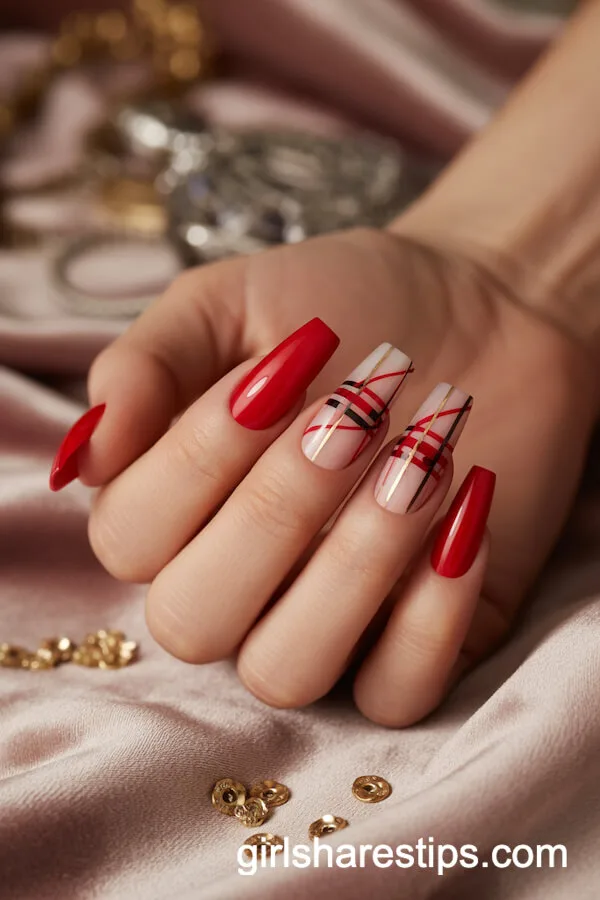 Red Coffin Nails with Plaid and Gold Accent Designs