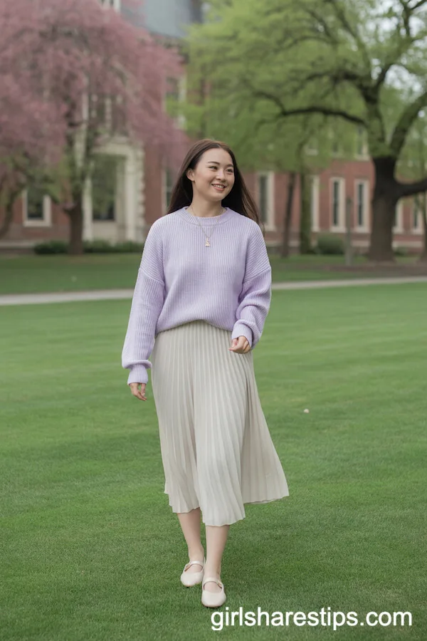Soft Lavender Sweater and Cream Midi Skirt for a Sweet Spring Look
