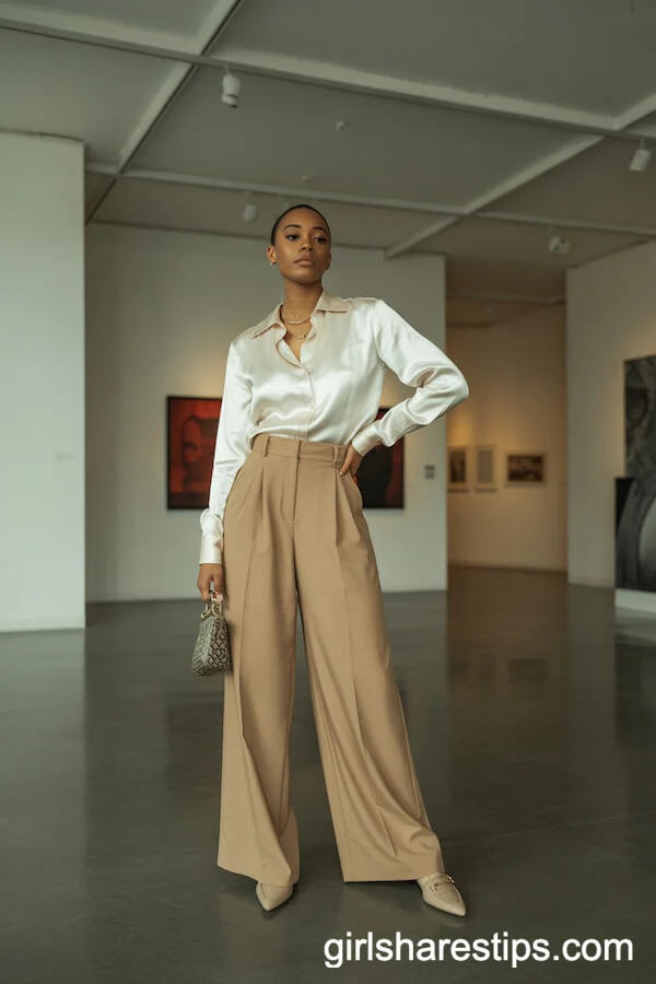 Elegant Wide-Leg Trousers with Silk Blouse for an Artful Affair