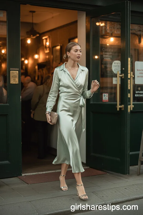 Sage Green Satin Wrap Dress for a Cozy and Classy Dinner