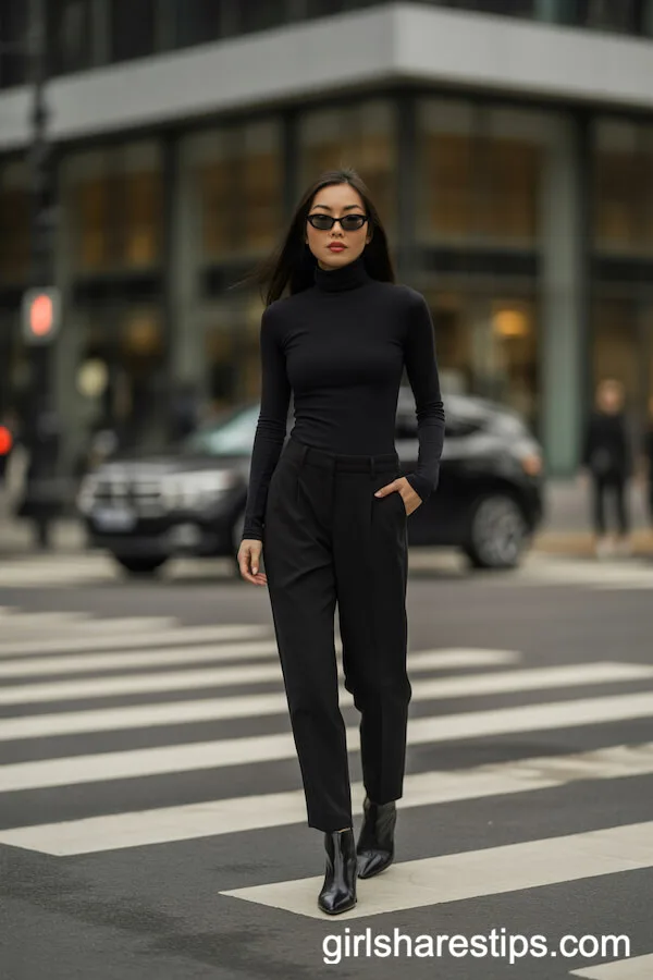 All-Black Chic Ensemble with Turtleneck and Slacks for City Style