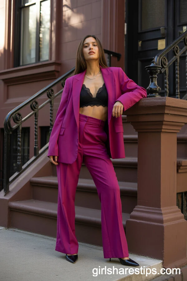 Bold Magenta Suit and Lace Bralette for Statement-Making Birthdays