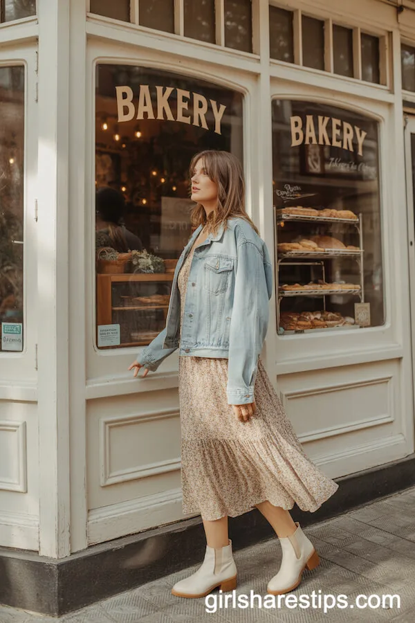 Boho Floral Midi Dress with a Denim Jacket for Vintage Bakery Vibes