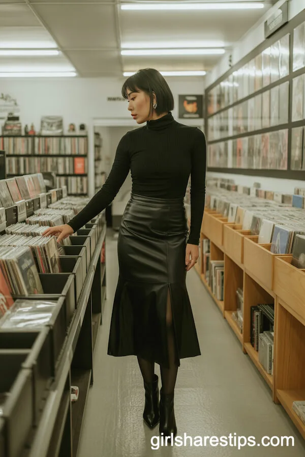 Black Faux Leather Midi Skirt and Turtleneck for Record Store Browsing