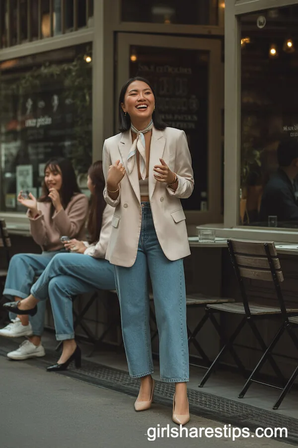 Blue Jeans and Beige Blazer Look for a Casual Birthday Caf&eacute; Outing